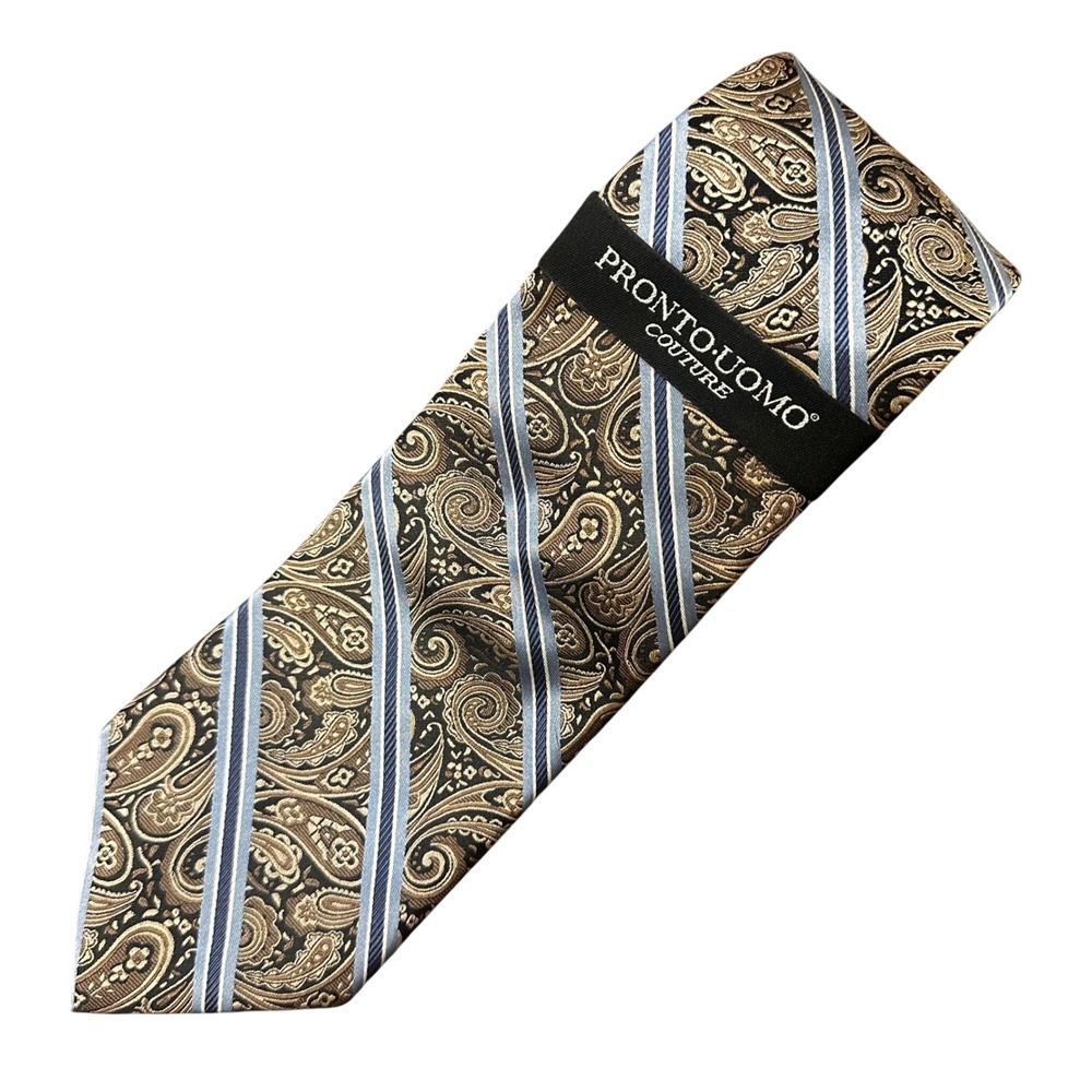 Pronto Uomo Couture Techno-care Mens Necktie Brown Striped Paisley Classic NWT